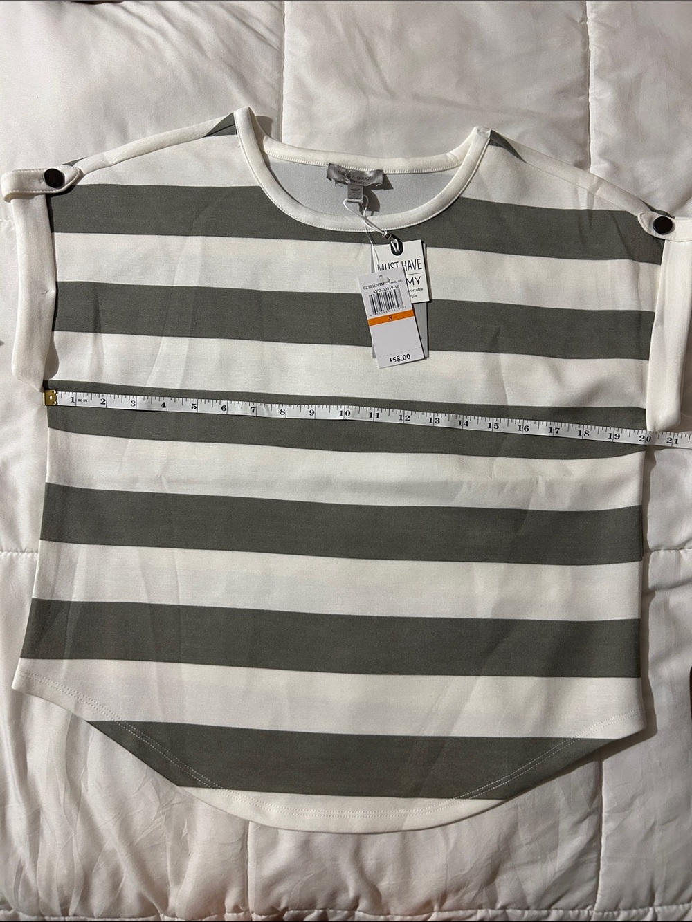 Cable & Gauge Olive Green and White Striped Short Sleeve Tee with Button Accents